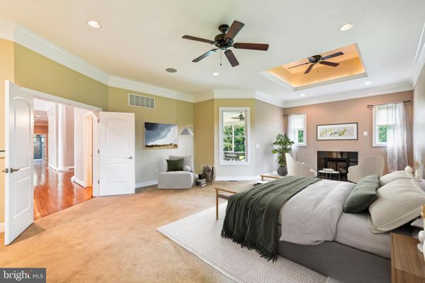 Bedroom, Fireplace, Interior, Recessed Lighting, Wood Texture Flooring