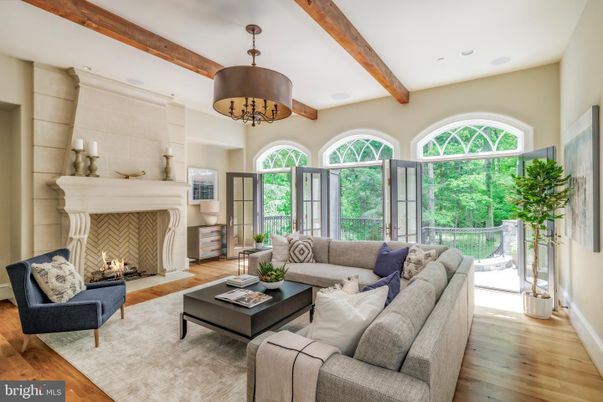 Chandelier, Fireplace, Interior, Living room, Recessed Lighting, Wooden Beams, Wood Texture Flooring
