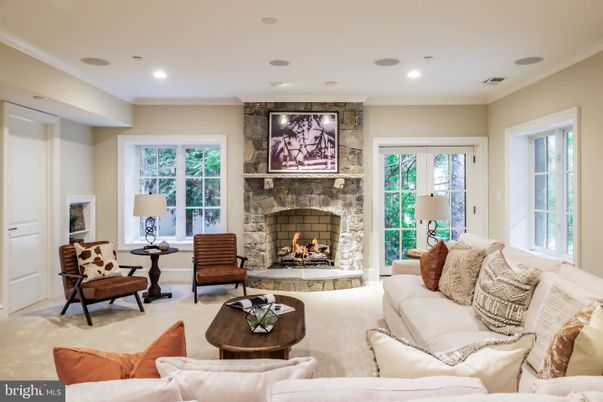 Fireplace, Interior, Living room, Recessed Lighting, Stone Walls
