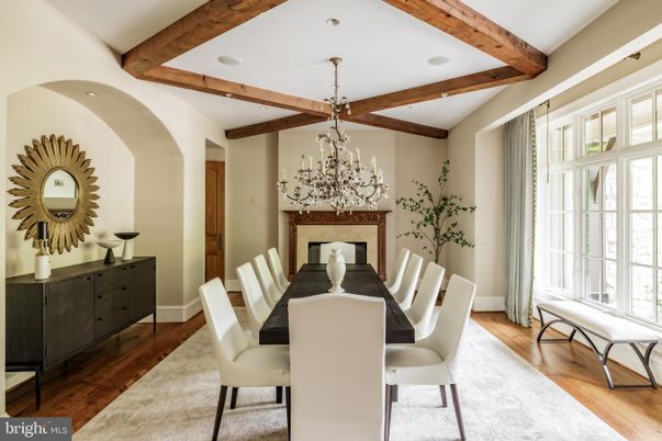Chandelier, Dining room, Interior, Recessed Lighting, Wooden Beams, Wood Texture Flooring