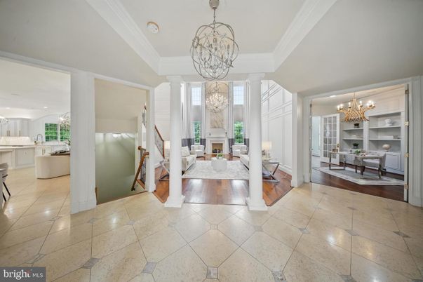 Chandelier, Dining room, Fireplace, Interior, Living room, Pendant Lights, Wood Texture Flooring
