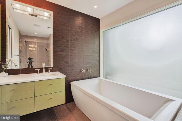 Bathroom, Glass Shower, Interior, Recessed Lighting, Wood Texture Flooring