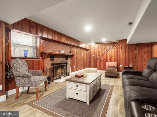 Fireplace, Interior, Living room, Recessed Lighting, Wood Texture Flooring, Wooden Walls