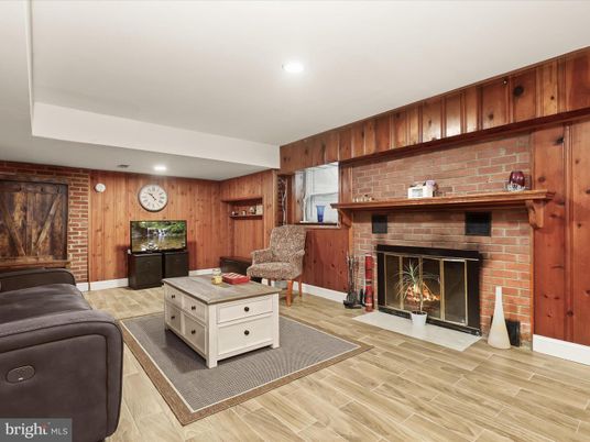 Fireplace, Interior, Recessed Lighting, Stone Walls, Wood Texture Flooring, Wooden Walls