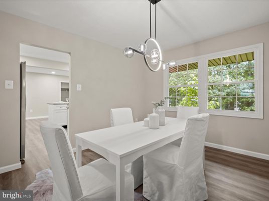 Dining room, Interior, Pendant Lights, Recessed Lighting, Wood Texture Flooring