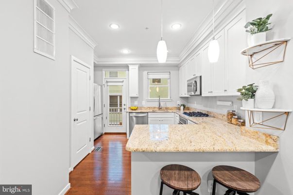 Interior, Kitchen, Pendant Lights, Recessed Lighting, Stainless Steel Appliances, Wood Texture Flooring