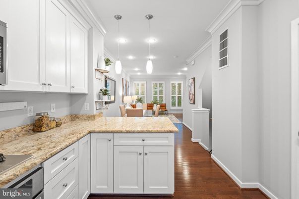 Dining room, Interior, Kitchen, Pendant Lights, Recessed Lighting, Wood Texture Flooring