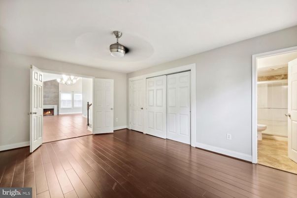 Bathroom, Chandelier, Empty room, Fireplace, Interior, Wood Texture Flooring