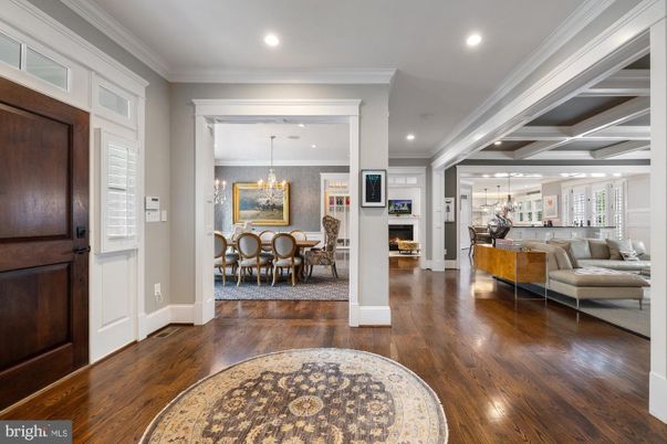 Chandelier, Dining room, Fireplace, Interior, Living room, Recessed Lighting, Wood Texture Flooring