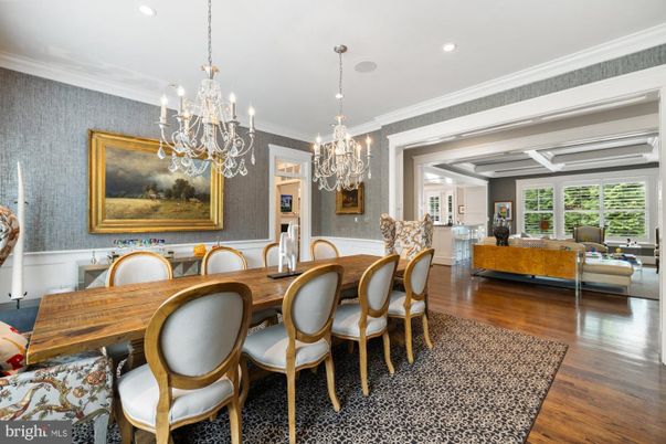 Chandelier, Dining room, Interior, Living room, Recessed Lighting, Wood Texture Flooring