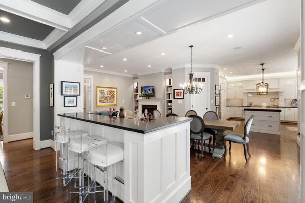 Chandelier, Dining room, Fireplace, Interior, Kitchen, Pendant Lights, Recessed Lighting, Wood Texture Flooring