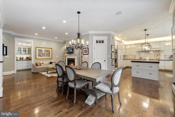 Chandelier, Dining room, Fireplace, Interior, Kitchen, Living room, Pendant Lights, Recessed Lighting, Wood Texture Flooring