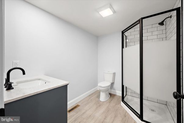 Bathroom, Glass Shower, Interior, Wood Texture Flooring