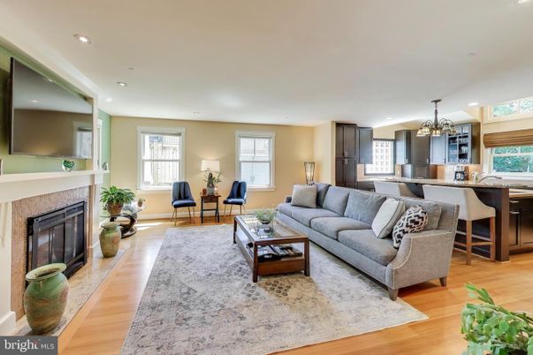 Chandelier, Dining room, Fireplace, Interior, Kitchen, Living room, Recessed Lighting, Wood Texture Flooring