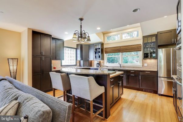 Chandelier, Interior, Kitchen, Recessed Lighting, Stainless Steel Appliances, Wood Texture Flooring