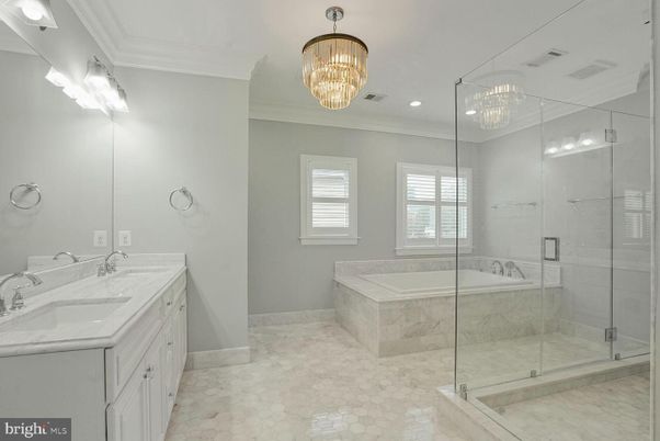 Bathroom, Chandelier, Dual Sink Vanities, Glass Shower, Interior, Recessed Lighting