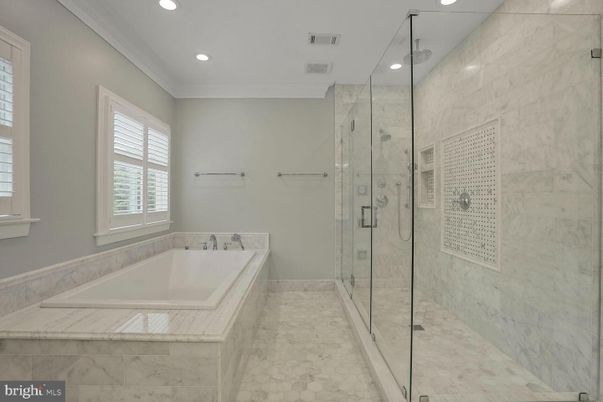 Bathroom, Glass Shower, Interior, Marble Walls, Recessed Lighting