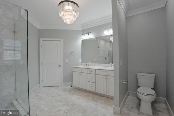 Bathroom, Chandelier, Dual Sink Vanities, Glass Shower, Interior