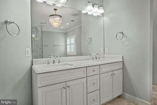 Bathroom, Chandelier, Dual Sink Vanities, Interior, Recessed Lighting