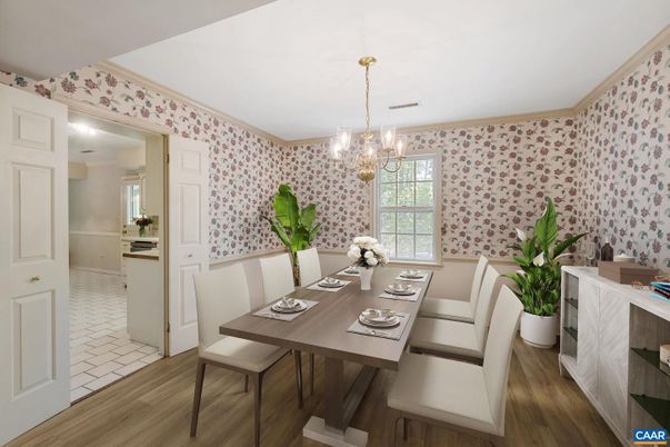 Chandelier, Dining room, Interior, Wood Texture Flooring