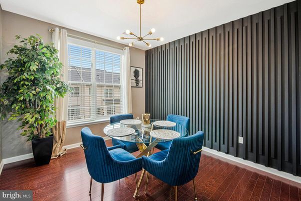 Dining room, Interior, Pendant Lights, Wood Texture Flooring