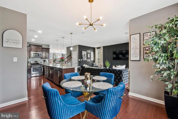 Dining room, Interior, Kitchen, Living room, Pendant Lights, Recessed Lighting, Stainless Steel Appliances, Wood Texture Flooring