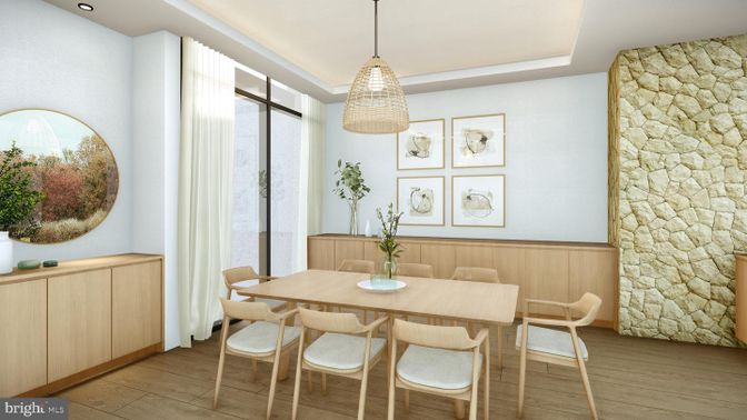 Dining room, Interior, Pendant Lights, Recessed Lighting, Stone Walls, Wood Texture Flooring