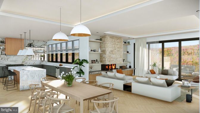 Dining room, Fireplace, Interior, Kitchen, Living room, Pendant Lights, Recessed Lighting, Stone Walls, Wood Texture Flooring