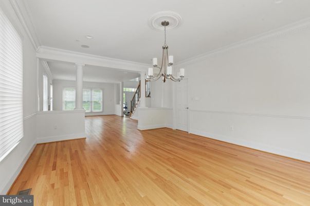 Chandelier, Empty room, Interior, Recessed Lighting, Wood Texture Flooring