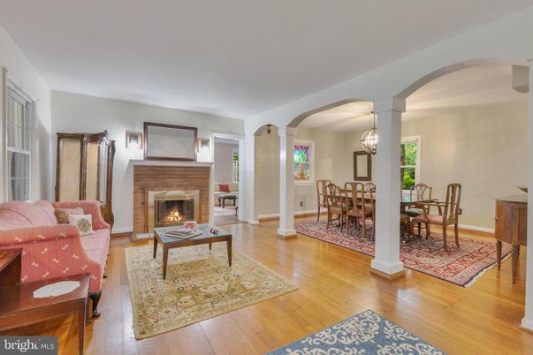 Dining room, Fireplace, Interior, Living room, Pendant Lights, Wood Texture Flooring