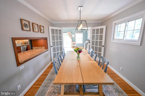 Dining room, Interior, Pendant Lights, Wood Texture Flooring