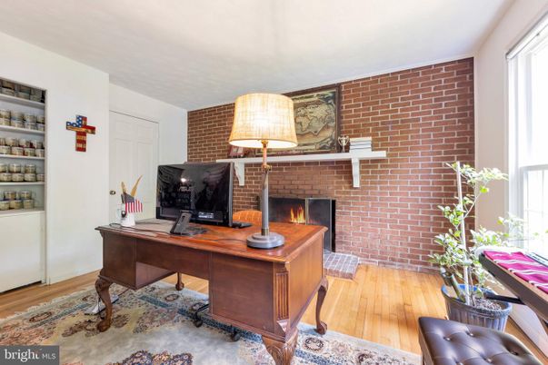 Fireplace, Home Office, Interior, Stone Walls, Wood Texture Flooring