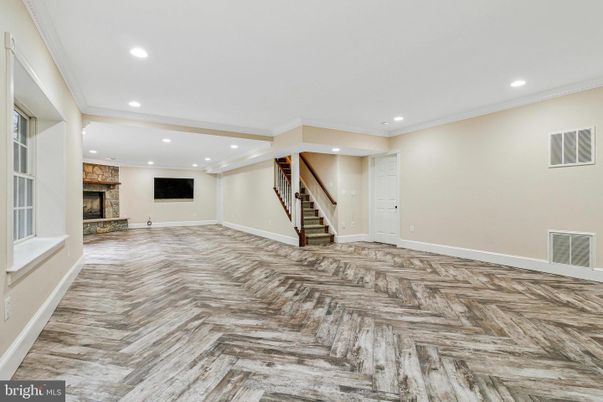 Empty room, Fireplace, Interior, Recessed Lighting, Wood Texture Flooring