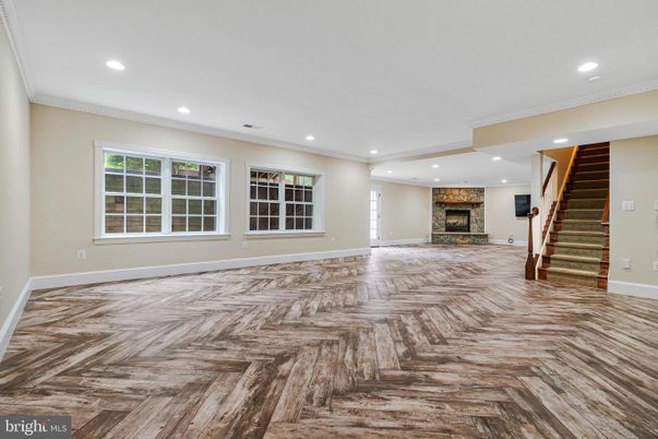 Empty room, Fireplace, Interior, Recessed Lighting, Wood Texture Flooring
