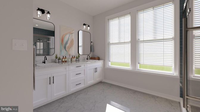 Bathroom, Dual Sink Vanities, Glass Shower, Interior, Marble