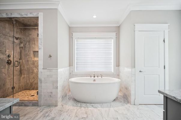 Bathroom, Free Standing Baths, Glass Shower, Interior, Marble, Recessed Lighting