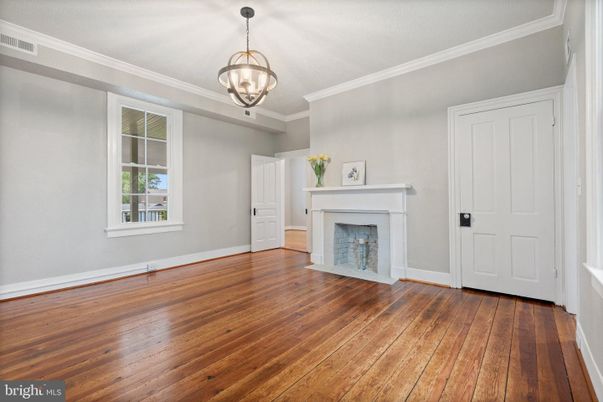 Empty room, Fireplace, Interior, Pendant Lights, Wood Texture Flooring