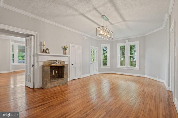 Empty room, Fireplace, Interior, Pendant Lights, Wood Texture Flooring