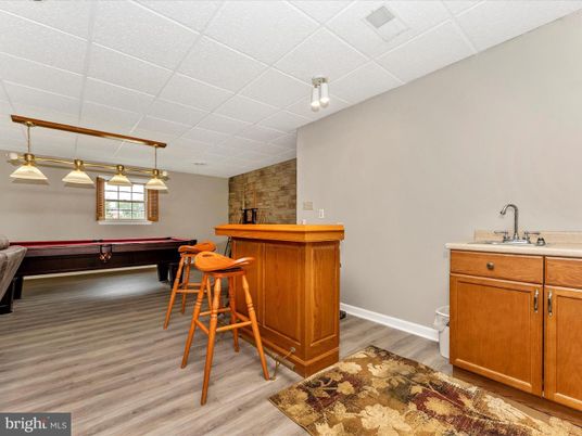 Billiard Table, Game Room, Interior, Pendant Lights, Wood Texture Flooring