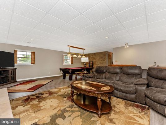 Billiard Table, Fireplace, Game Room, Interior, Living room, Pendant Lights, Recessed Lighting, Stone Walls
