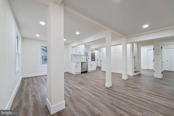Empty room, Interior, Kitchen, Recessed Lighting, Wood Texture Flooring