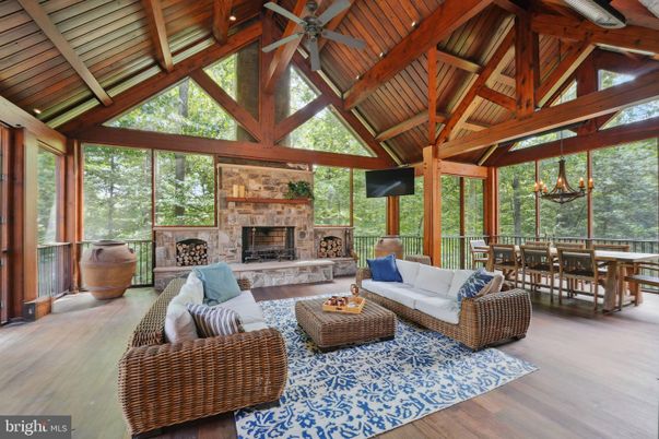 Chandelier, Dining room, Fireplace, Interior, Living room, Pendant Lights, Wooden Beams, Wooden Ceilings, Wood Texture Flooring