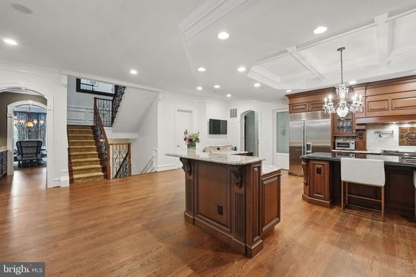 Chandelier, Interior, Kitchen, Recessed Lighting, Stainless Steel Appliances, Wood Texture Flooring