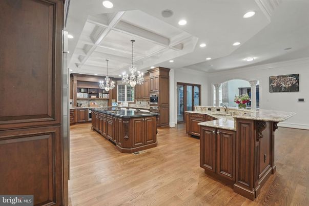 Chandelier, Interior, Kitchen, Recessed Lighting, Wood Texture Flooring