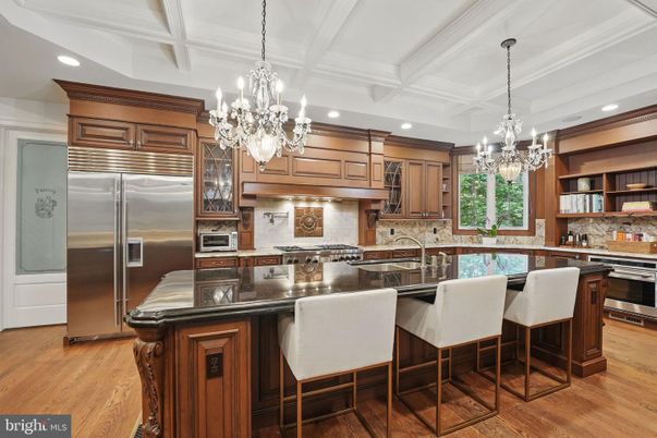Chandelier, Interior, Kitchen, Recessed Lighting, Stainless Steel Appliances, Wood Texture Flooring