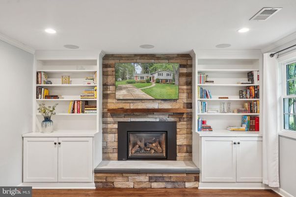 Fireplace, Interior, Recessed Lighting, Wood Texture Flooring, Wooden Walls