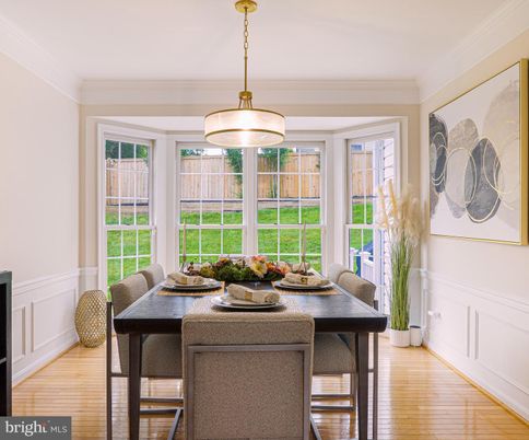 Dining room, Interior, Pendant Lights, Wood Texture Flooring