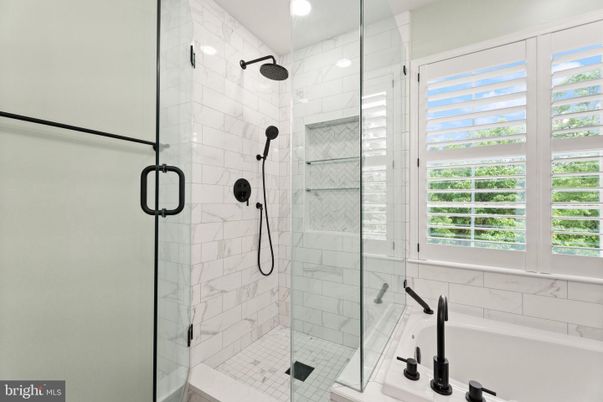 Bathroom, Glass Shower, Interior, Marble Walls, Recessed Lighting