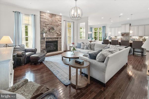 Dining room, Fireplace, Interior, Kitchen, Living room, Pendant Lights, Recessed Lighting, Stone Walls, Wood Texture Flooring