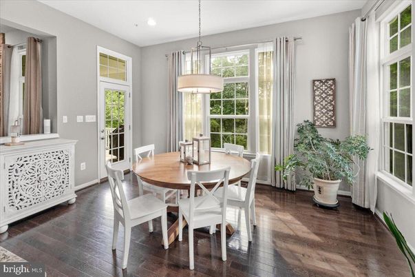 Dining room, Interior, Pendant Lights, Recessed Lighting, Wood Texture Flooring